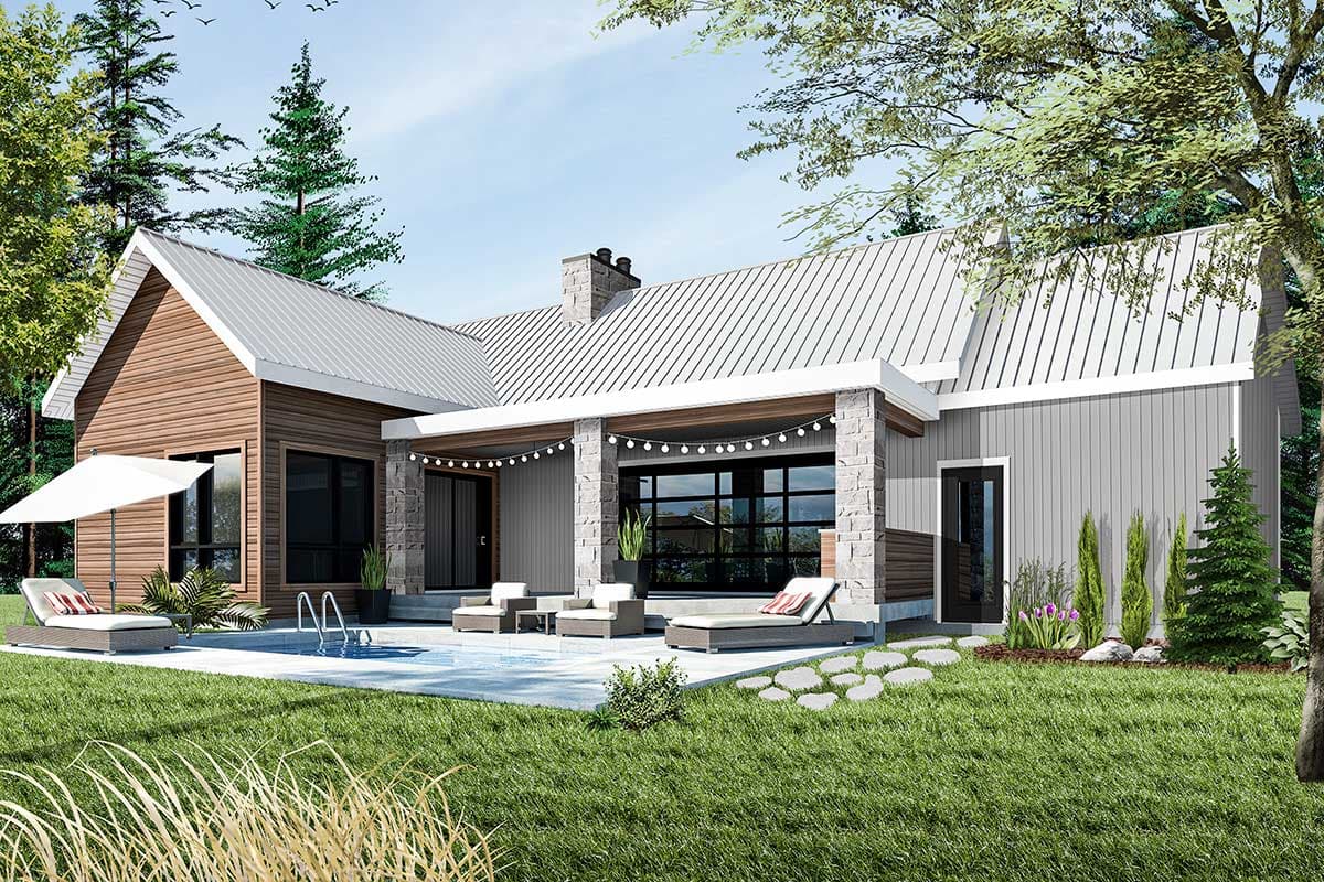 House plan exterior with a modern A-frame gable, metal roof, stone and wood siding, and covered patio with garage door.