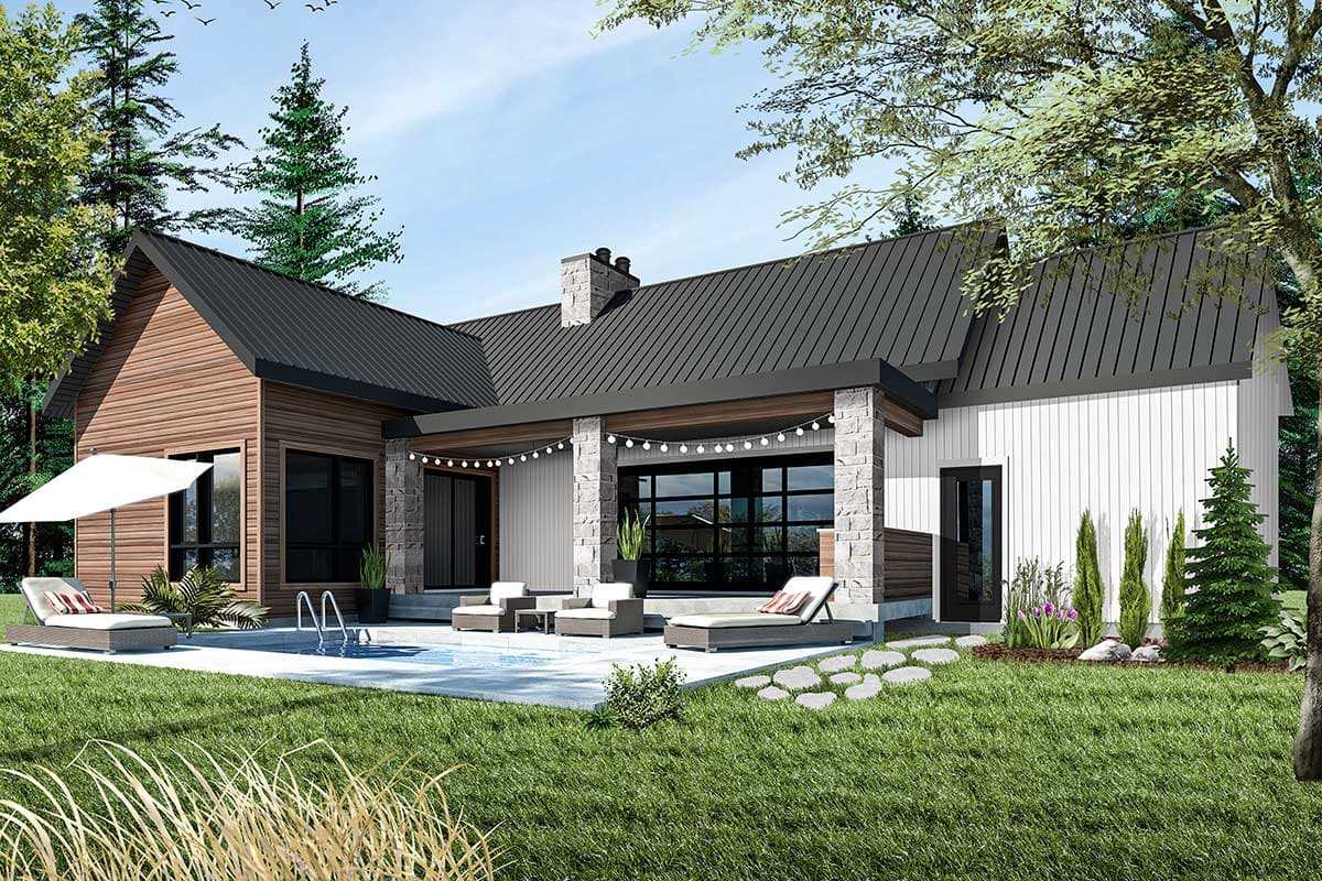 Modern house plan exterior with a mixed material facade, a dark metal roof, covered patio with stone columns, and a large glass garage door.