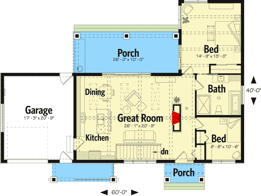 Plan 22495DR: 2 Bed House Plan with Vaulted and Beamed Ceilings and 1-Car Garage - Floor Plan - Main Level - Northwest, Ranch