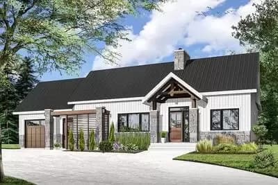 2 Bed House Plan with Vaulted and Beamed Ceilings and 1-Car Garage