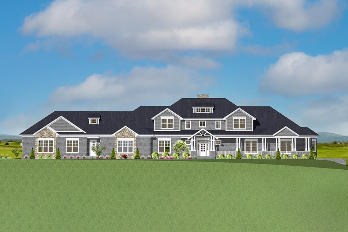 House plan exterior: Two-story Modern Farmhouse with stone accents, central dormer, wraparound porch, and gable rooflines.
