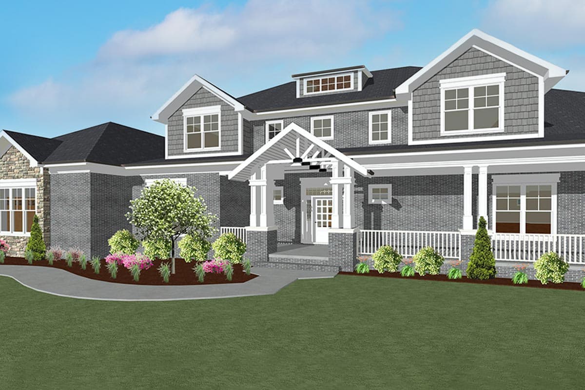 House plan exterior: Two-story home with stone and brick facade, gabled dormers, and covered front porch with columns.