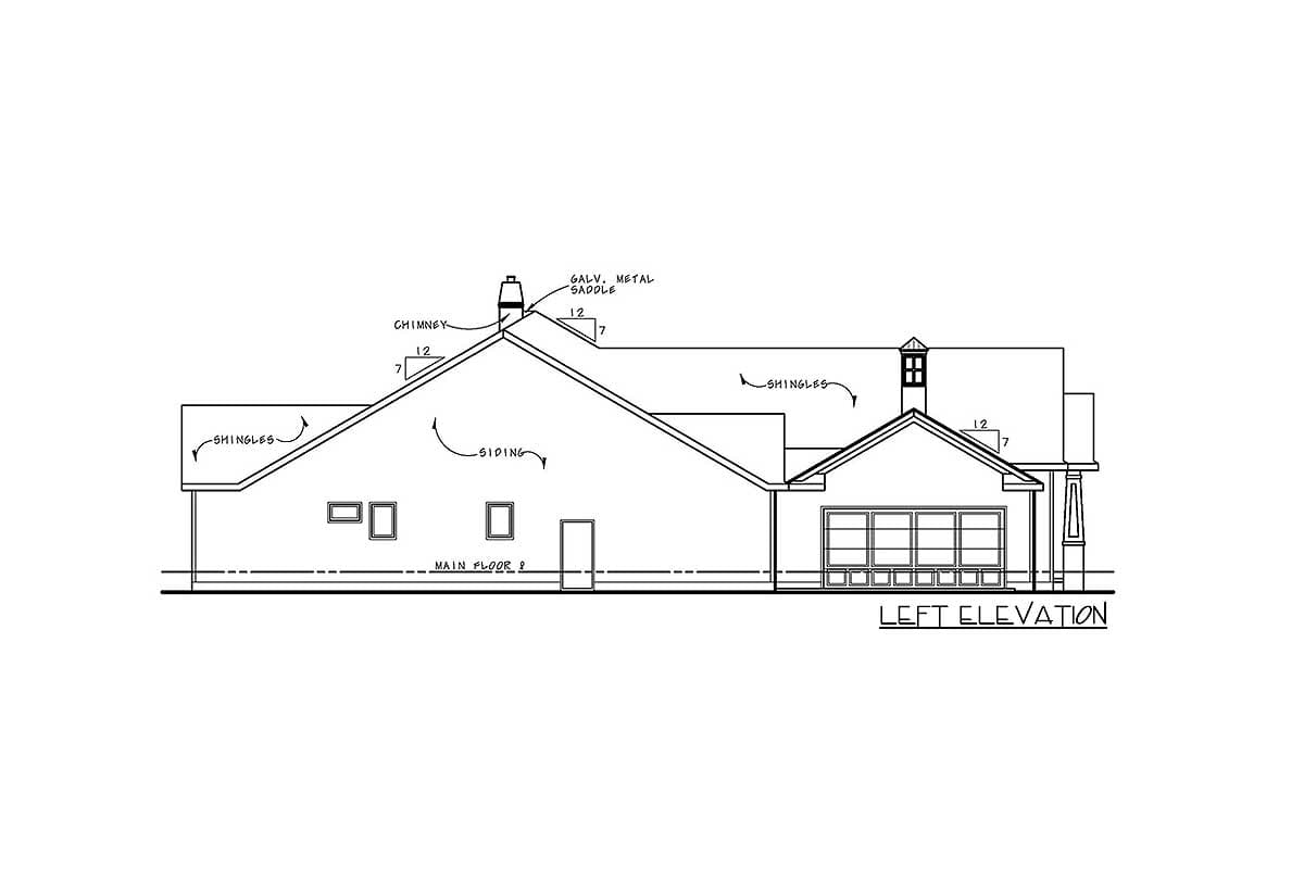 Left elevation house plan showing siding, shingles, chimneys, and a multi-pane garage door.