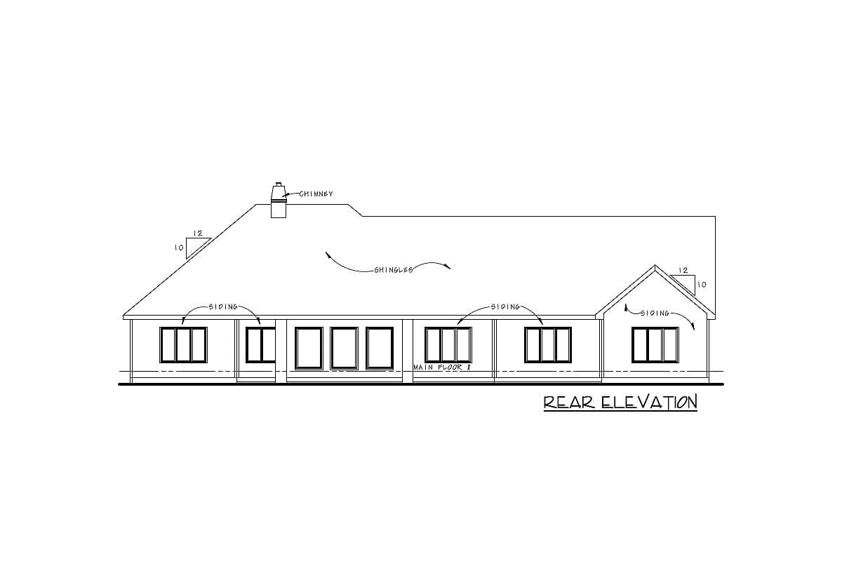 Rear elevation house plan drawing showing a single-story structure with a prominent chimney and multiple windows.