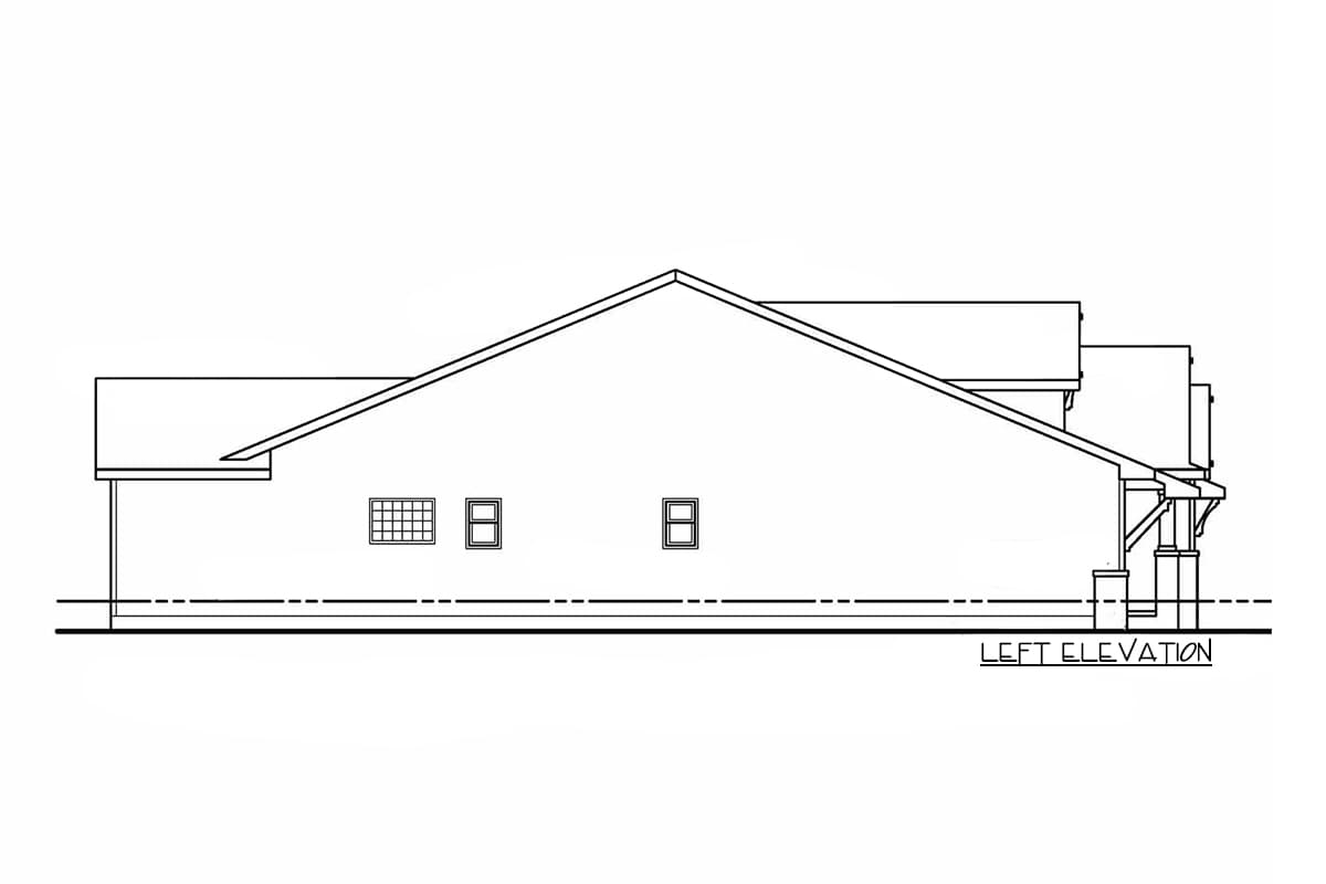 Left elevation of a house plan showing a gable roof, two windows, and a covered porch.