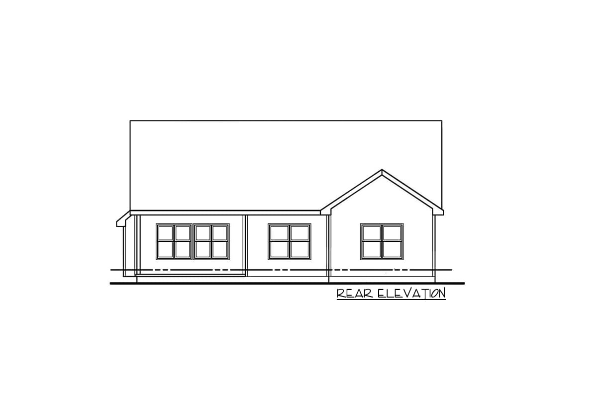 Rear elevation drawing of a one-story house with a gable roof and three window sets.