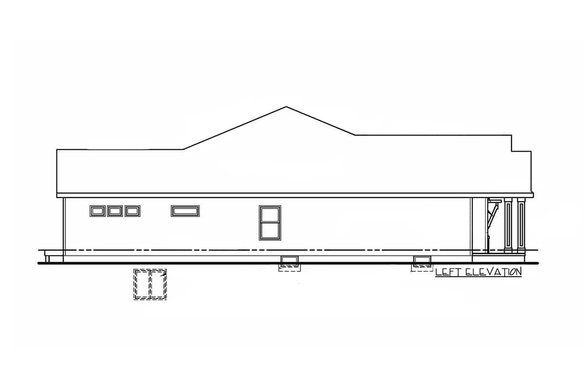Left elevation floor plan drawing showing a single-story house with multiple windows and a covered porch with columns.