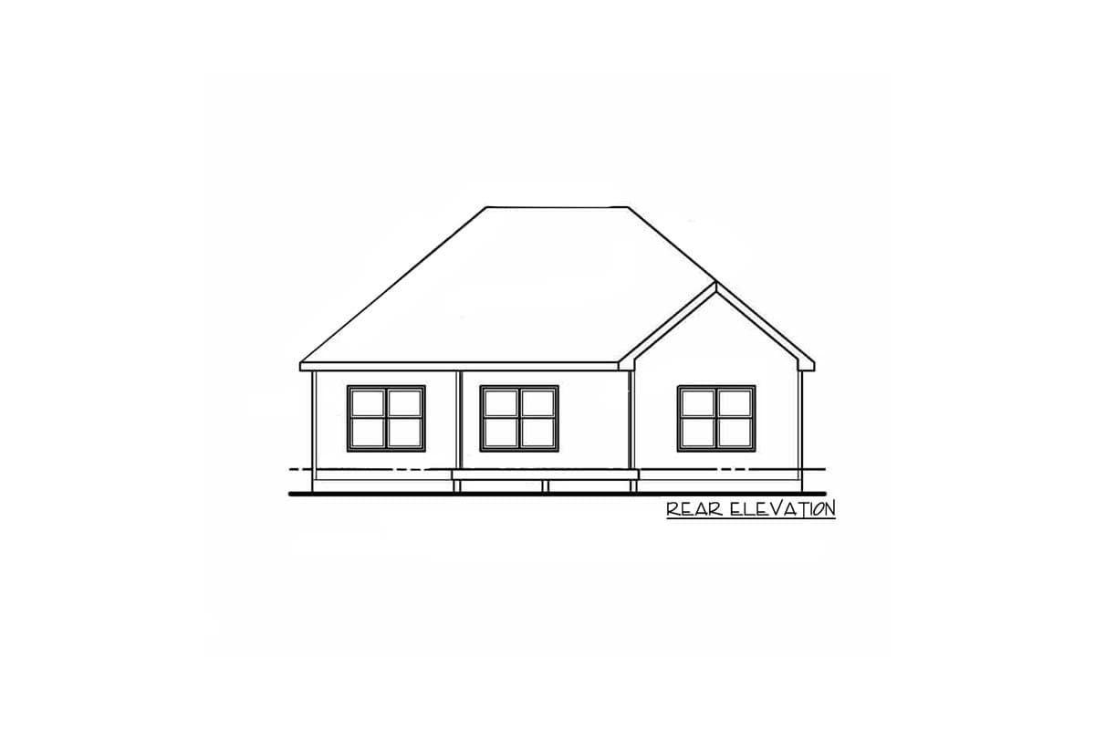 Rear elevation drawing of a one-story house with three windows and a hipped roof.