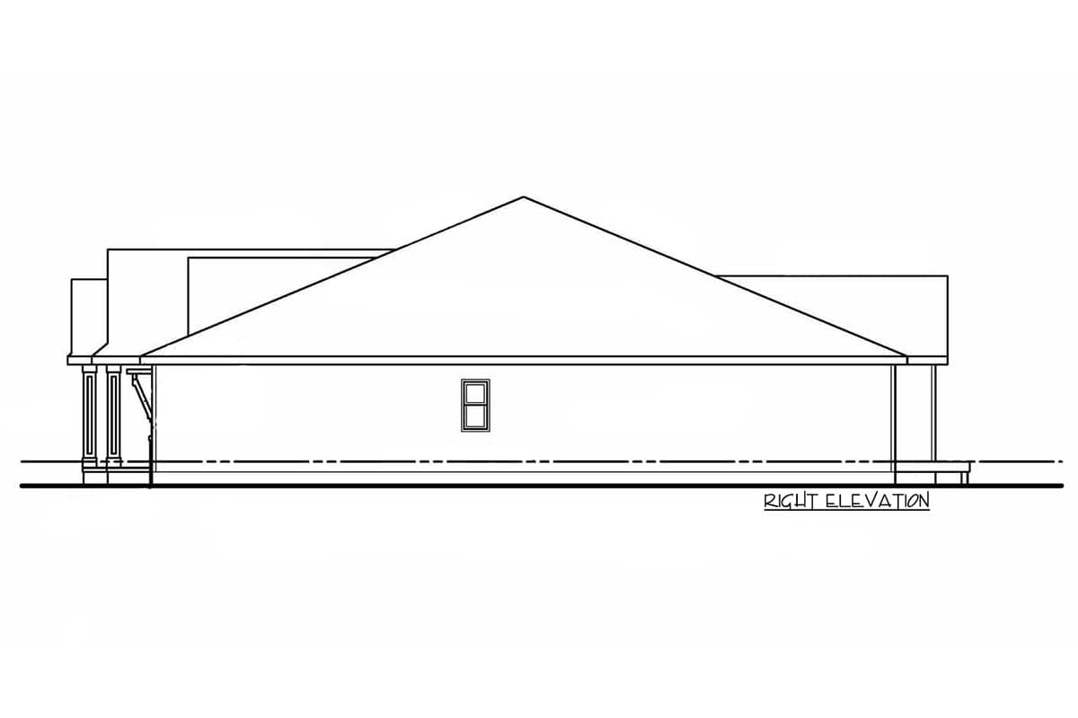 House plan right elevation showing a hip roof, porch with columns, and one window.