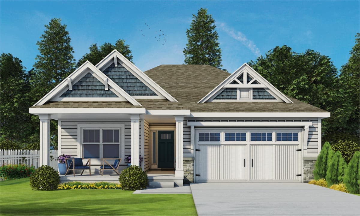Craftsman house plan exterior with gabled roof, front porch, and two-car garage. Features include decorative gable ends and stone accents.