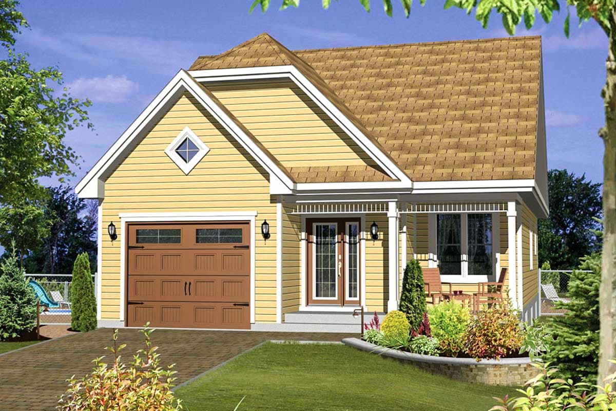 House plan exterior with gable roof, front-facing garage, and covered porch with columns. One-story ranch style with diamond window detail.