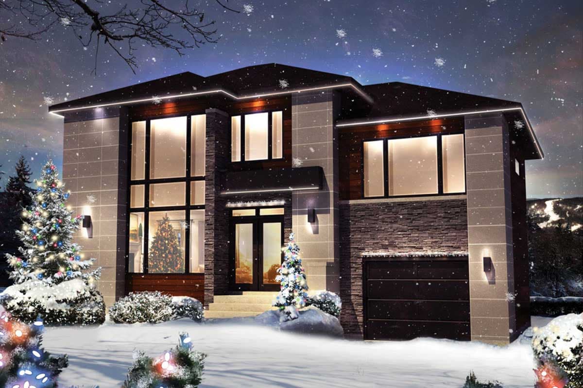 Modern house plan exterior with stone and wood accents, large windows, integrated garage, and flat rooflines.