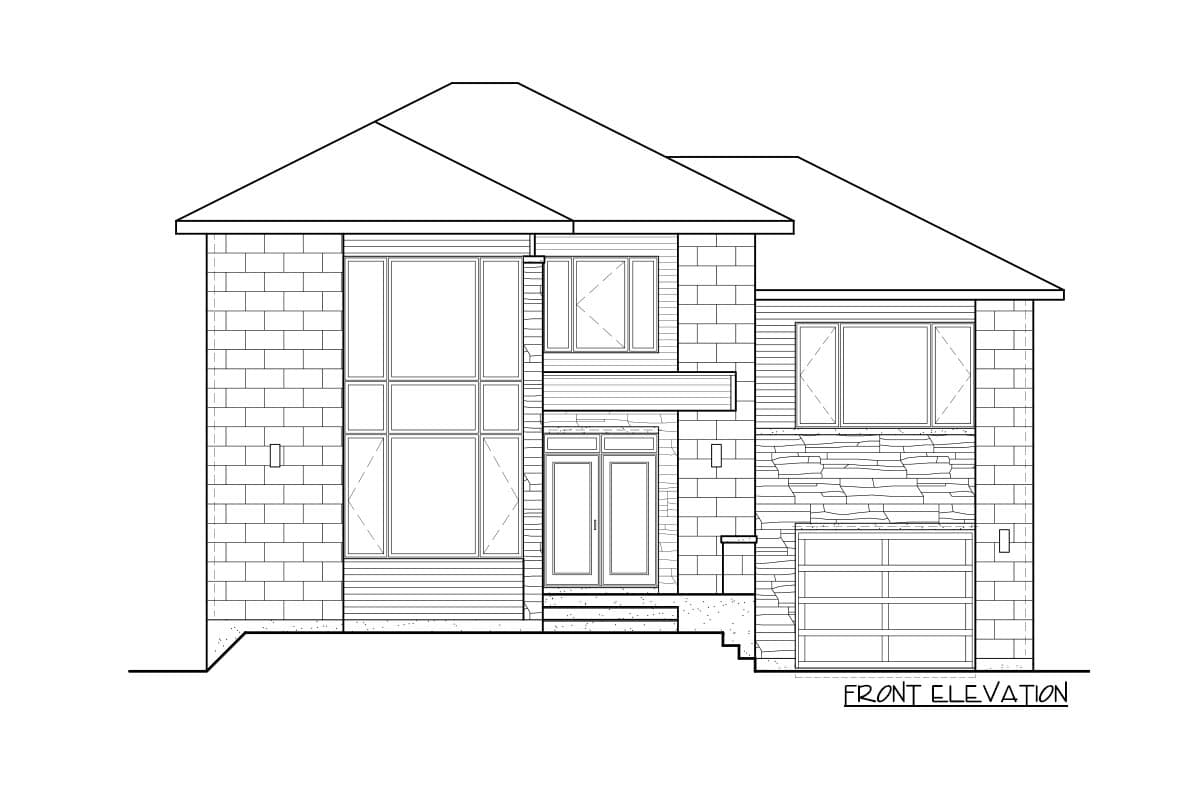 Front elevation drawing of a two-story house plan with a multi-pane window wall, stone facade, and two-car garage.