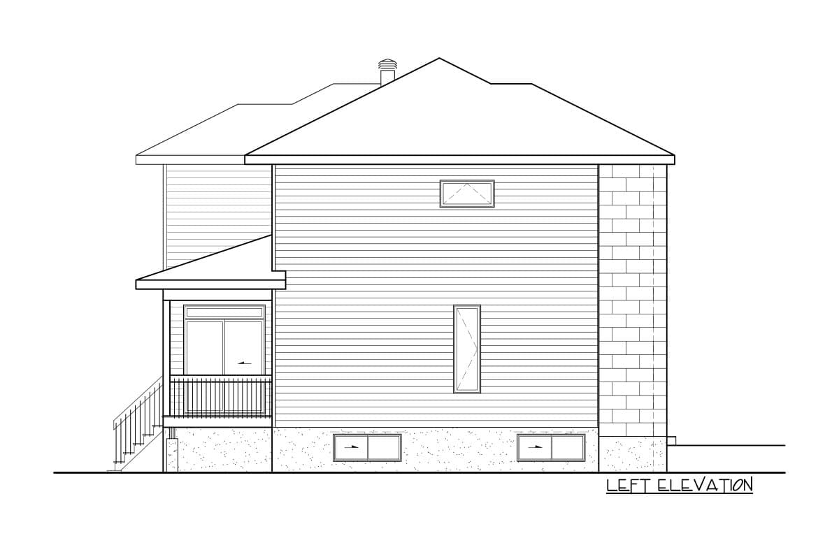 Left elevation house plan: two stories, horizontal siding, porch with railing, and brick accent.