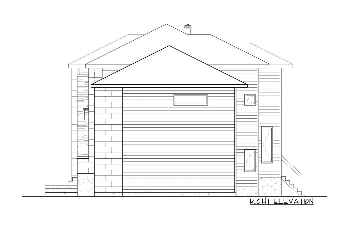 Right elevation drawing of a house plan showing siding, stone, and a gabled roof over a garage.