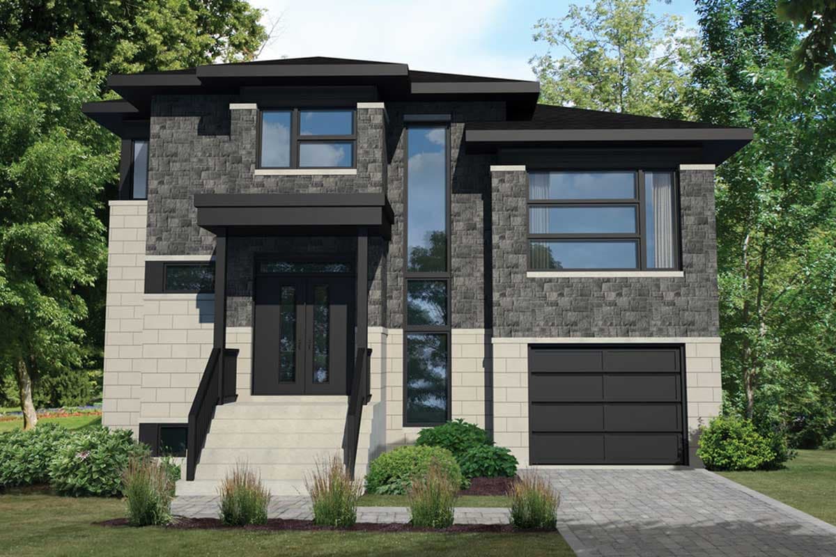 House plan exterior. Two-story modern house with a covered entry, stone veneer, and attached garage. Features include a flat roof and large windows.