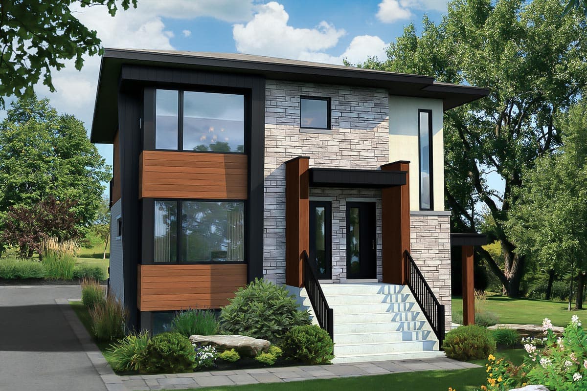 Modern house plan exterior with two stories, stone and wood siding, covered entry, and large windows. Features a flat roof.
