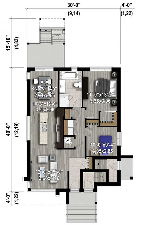 Plan 80912PM: Prairie Style Triplex with Full Floor 2 Bed 1 Bath 1185 Sq Ft Units  - Floor Plan - Main Level - Contemporary, Northwest, Prairie