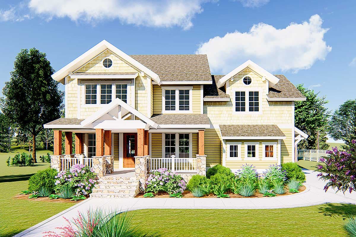 House plan exterior: two-story, pale yellow siding, prominent gables, stone-clad porch columns, and a covered front porch with white railing.