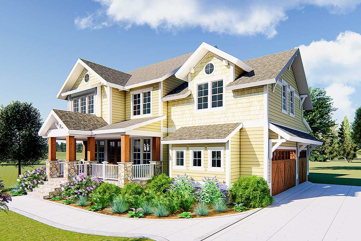 House plan exterior. Two-story Craftsman home with a front porch, gabled rooflines, and an attached garage with a shed roof.