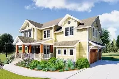 4-Bed Craftsman Home Plan with Beds Upstairs and 3-Car Garage
