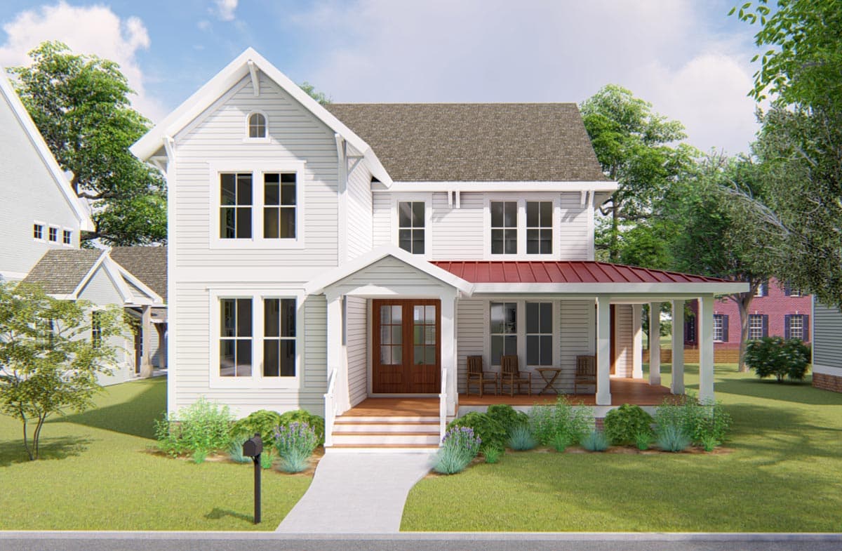 Two-story house plan exterior with Craftsman style. Features include gabled roof, covered porch with columns, and a front entry portico.