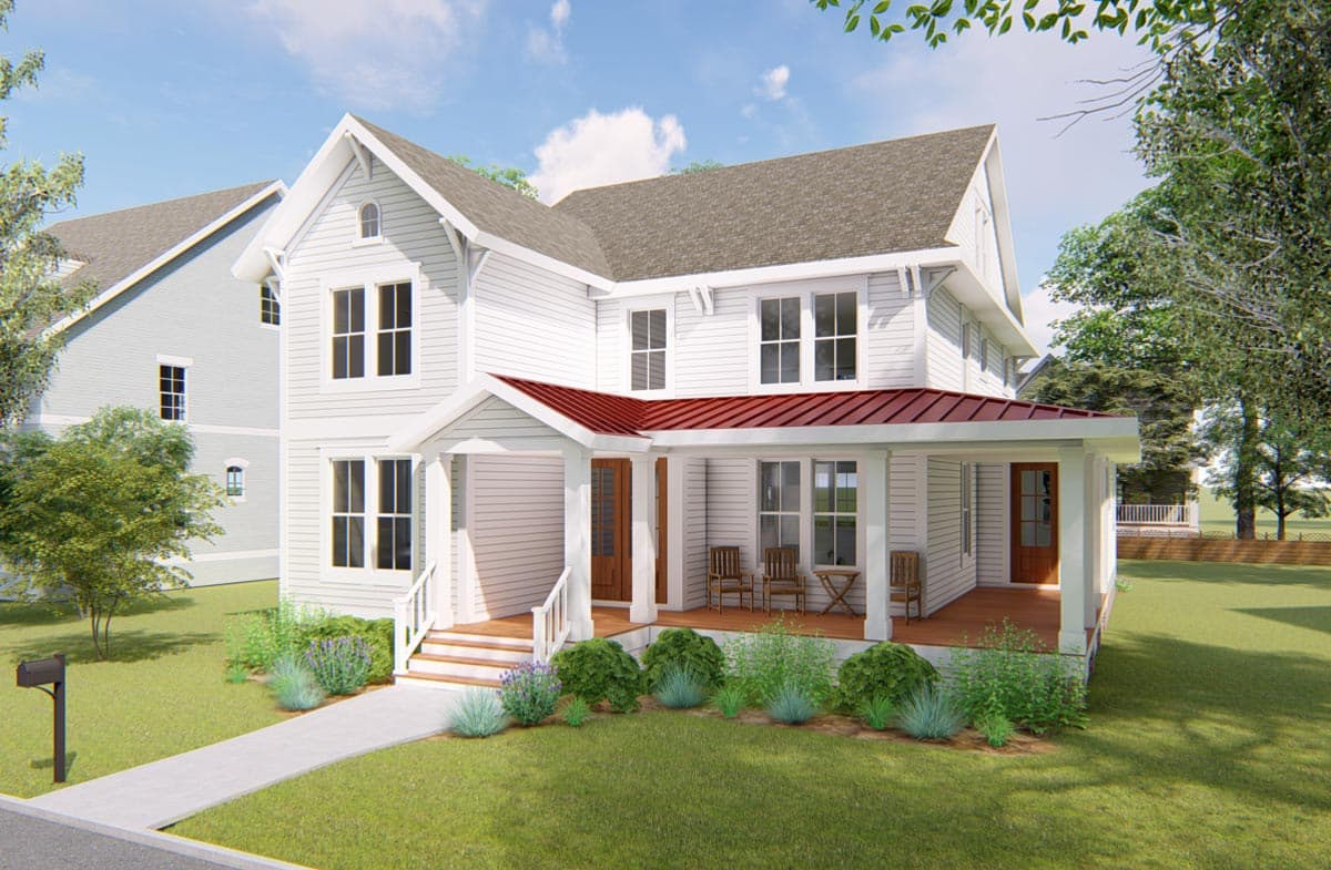 House plan exterior: two-story Modern Farmhouse with a wraparound porch, gables, and a red metal roof.