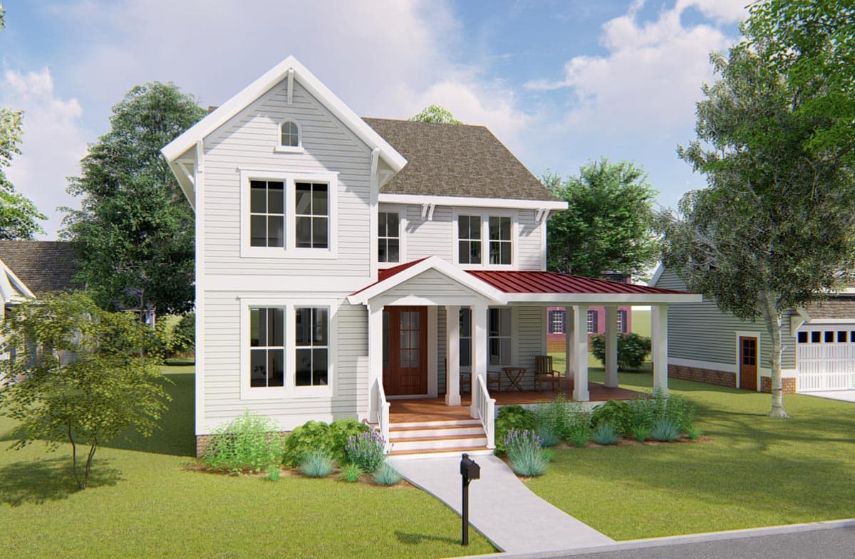House plan exterior rendering of a two-story home with a covered front porch, multiple gables, and a dormer.
