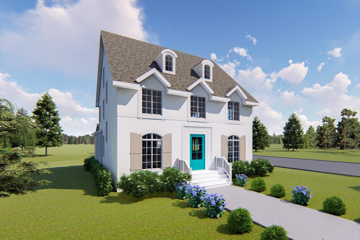 House plan exterior: Two-story white house with central entry, dormer windows, and symmetrical gable fronts.