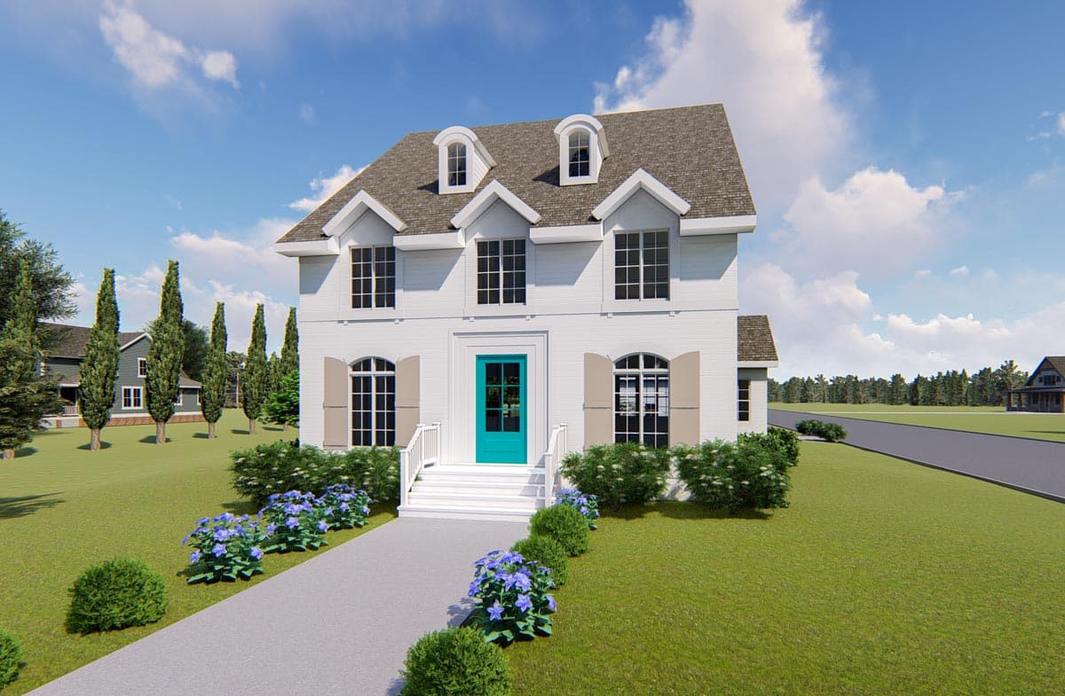 House plan exterior of a two-story white home with dormer windows, arched lower windows, and a teal front door.