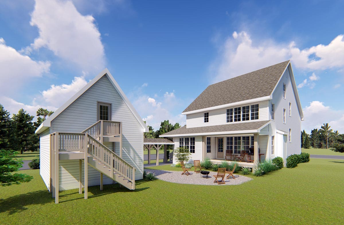 House plan exterior featuring a two-story main house with a covered porch and a separate gabled structure with an exterior staircase.