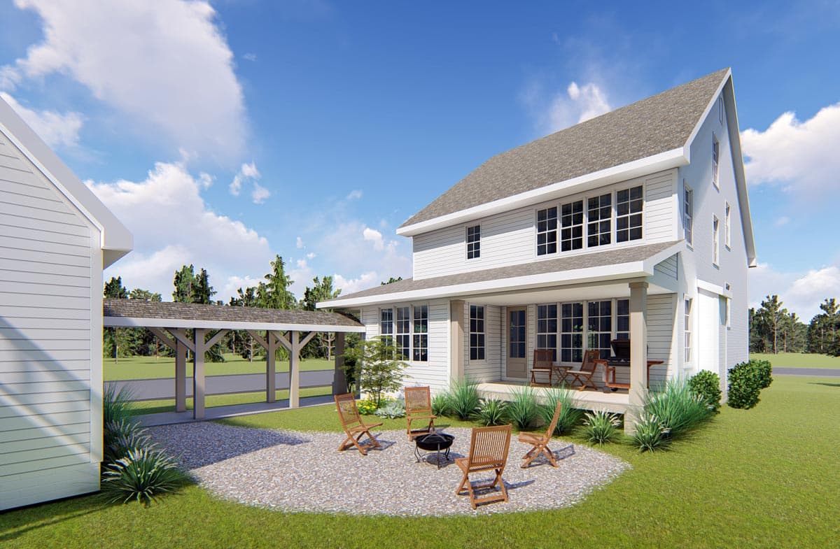House plan exterior rendering of a two-story Modern Farmhouse with a covered porch, gabled roof, and attached carport.