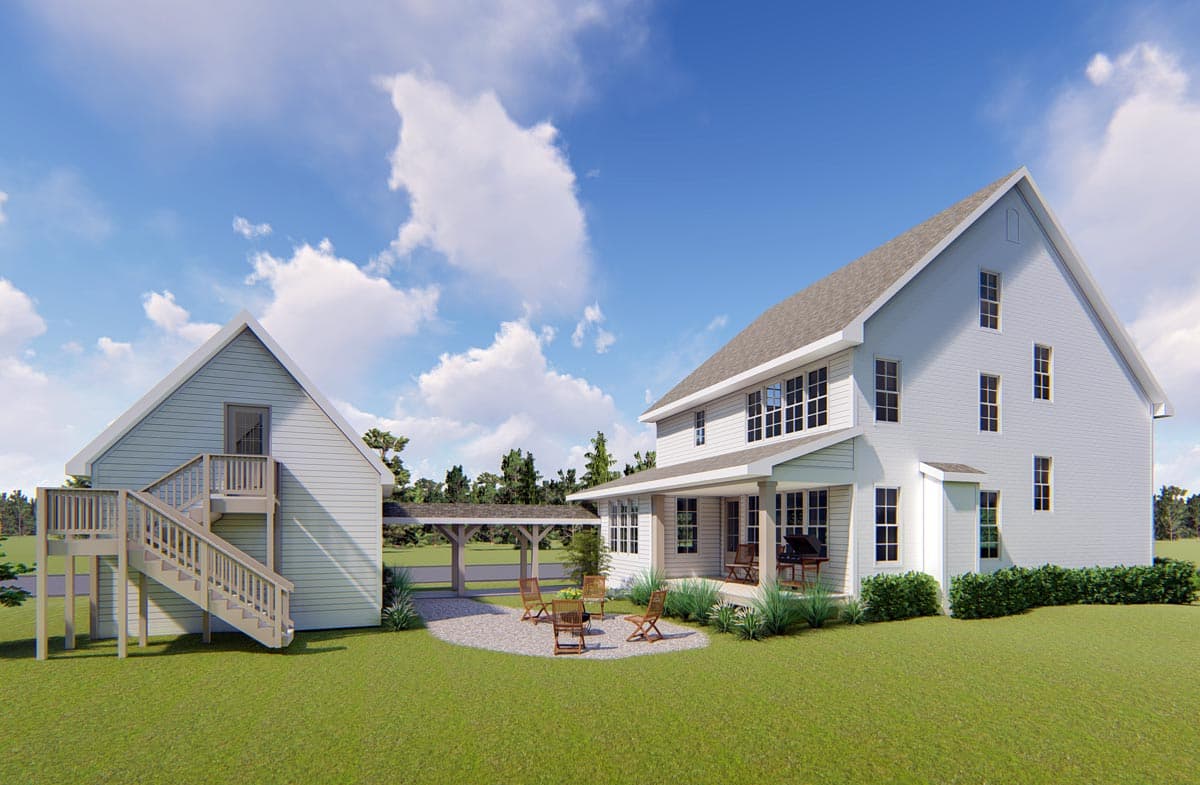 House plan exterior, modern farmhouse style, two stories, with a covered porch, gables, and detached garage with exterior stairs.