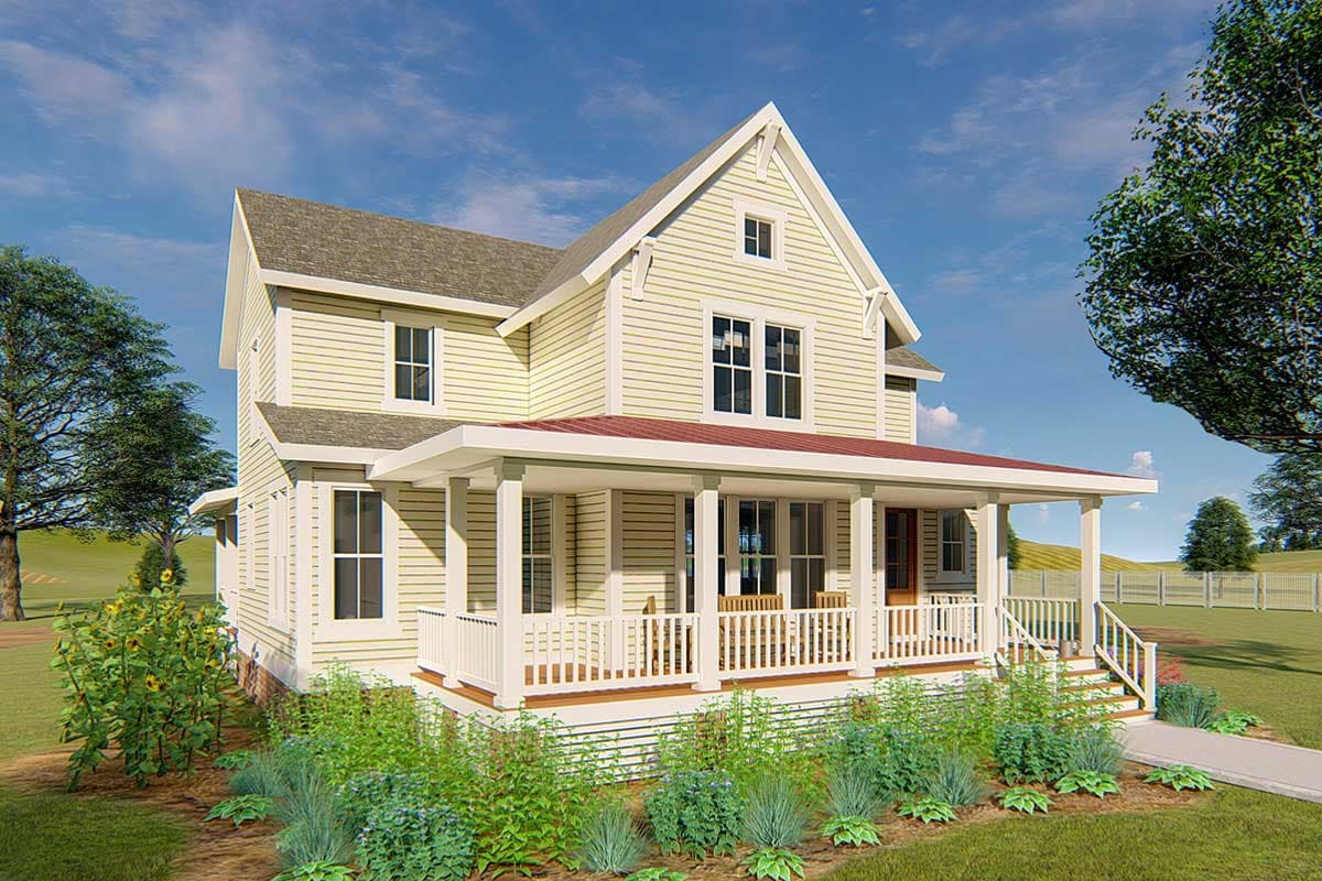 House plan exterior. Two-story farmhouse with a front porch, gabled roof, and dormer. Features include horizontal siding and a red porch roof.