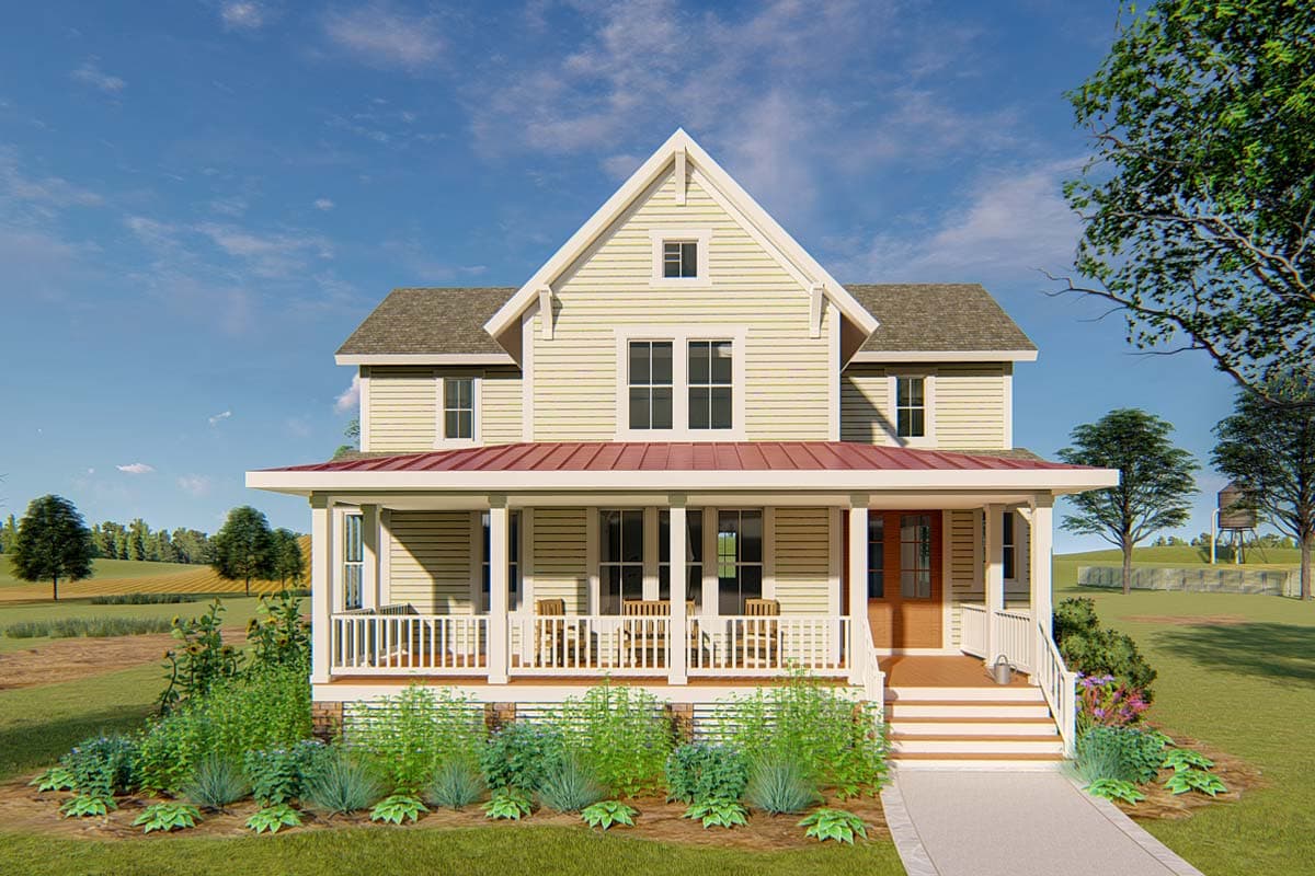 House plan exterior: two-story Modern Farmhouse with wraparound porch, red metal roof, and prominent front gable.