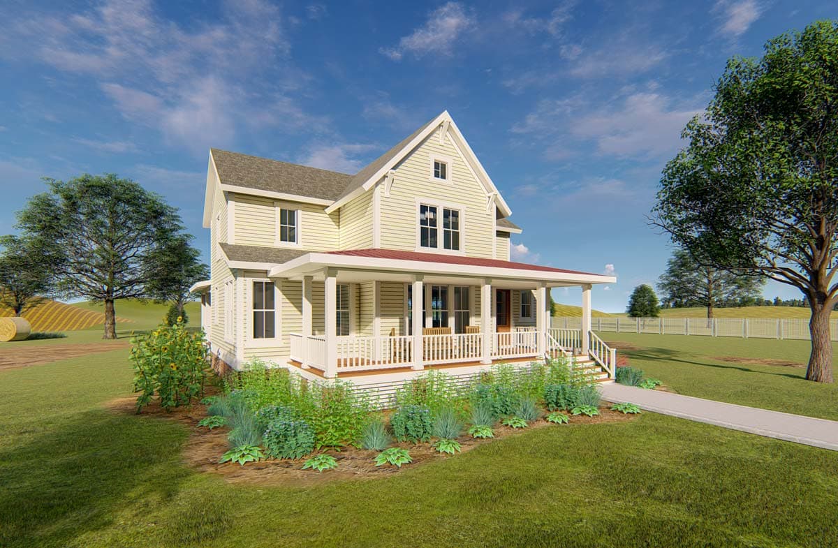 House plan exterior: Two-story Modern Farmhouse with wraparound porch, gables, and dormers.