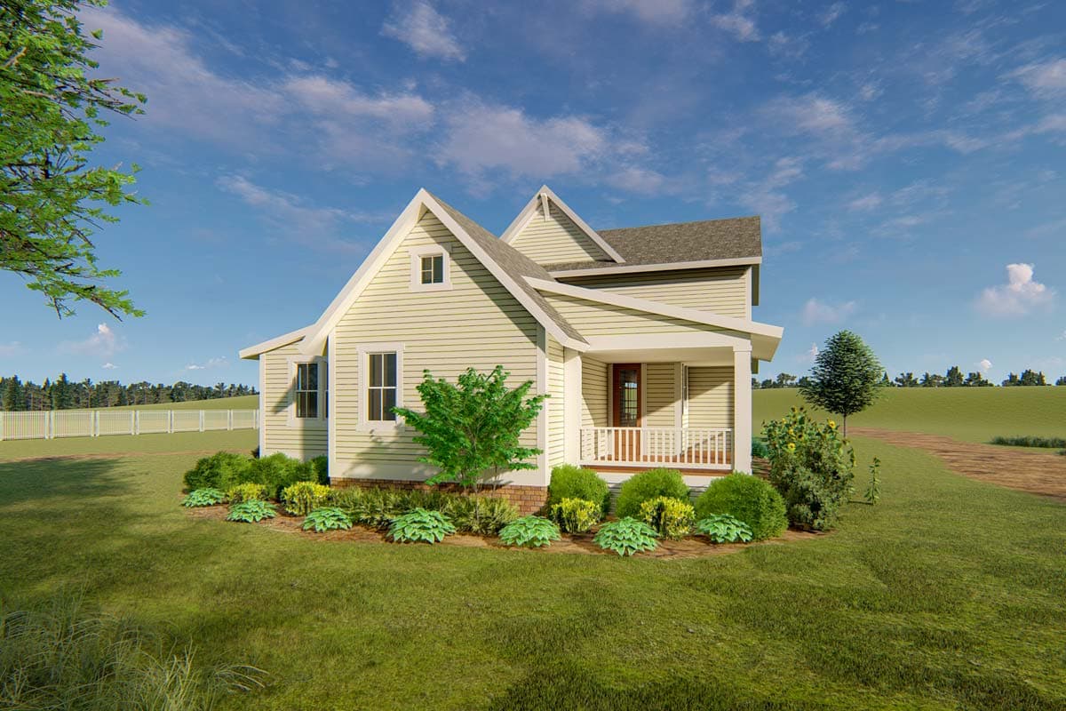 House plan exterior rendering: Two-story Modern Farmhouse with gables, covered front porch, and horizontal siding.