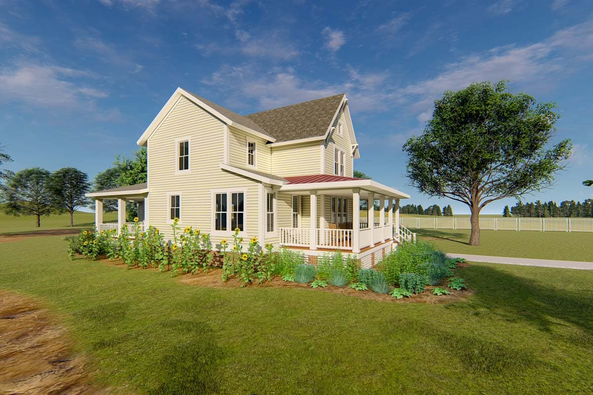 Two-story house plan with a wrap-around porch, gabled roof, and clapboard siding.