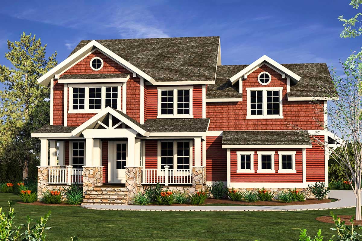 House plan exterior with two stories, a front porch, multiple gables, dormers, and a shingle roof.