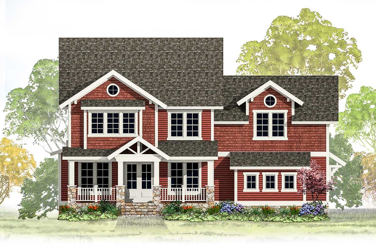 House plan exterior: Two-story home with a covered front porch, multiple gables, and prominent dormers.