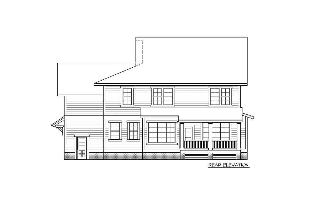 Rear elevation drawing of a two-story house plan with a covered porch, multiple windows, and siding.