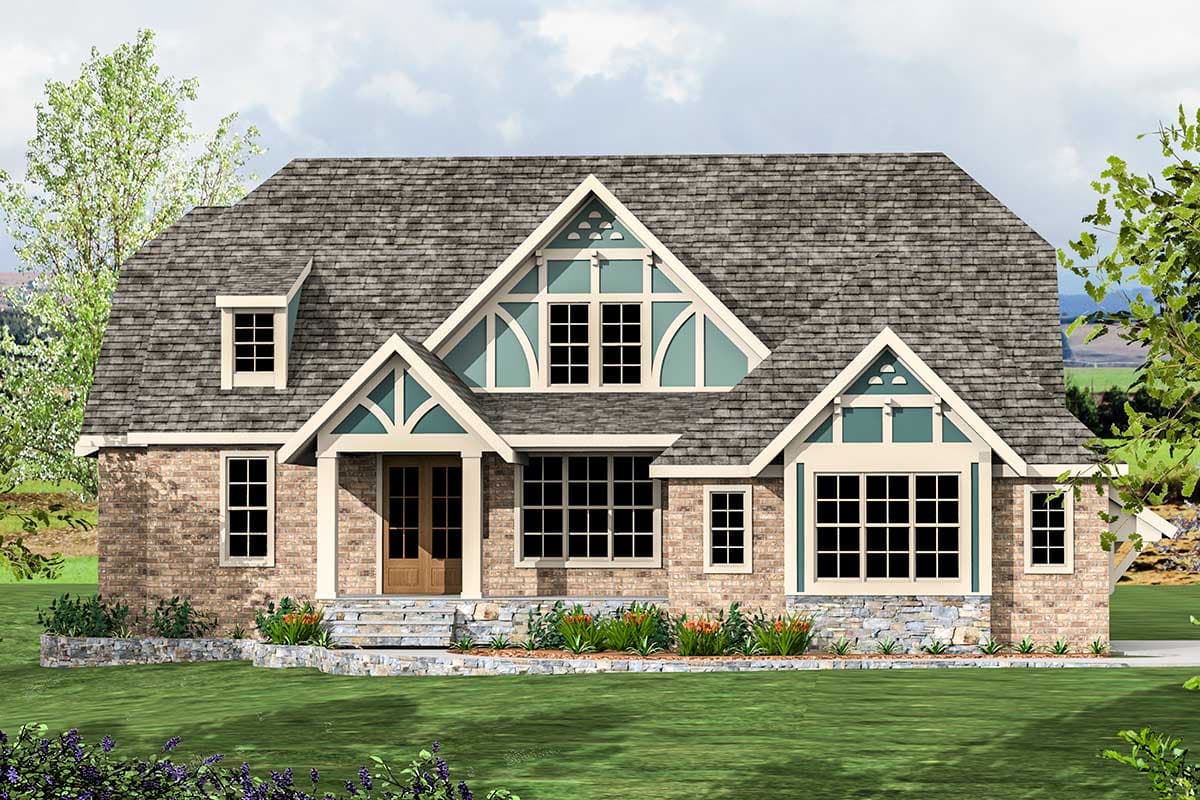 House plan exterior featuring a two-story Craftsman style. Key features include multiple gables, a covered porch, and a steeply pitched roofline.