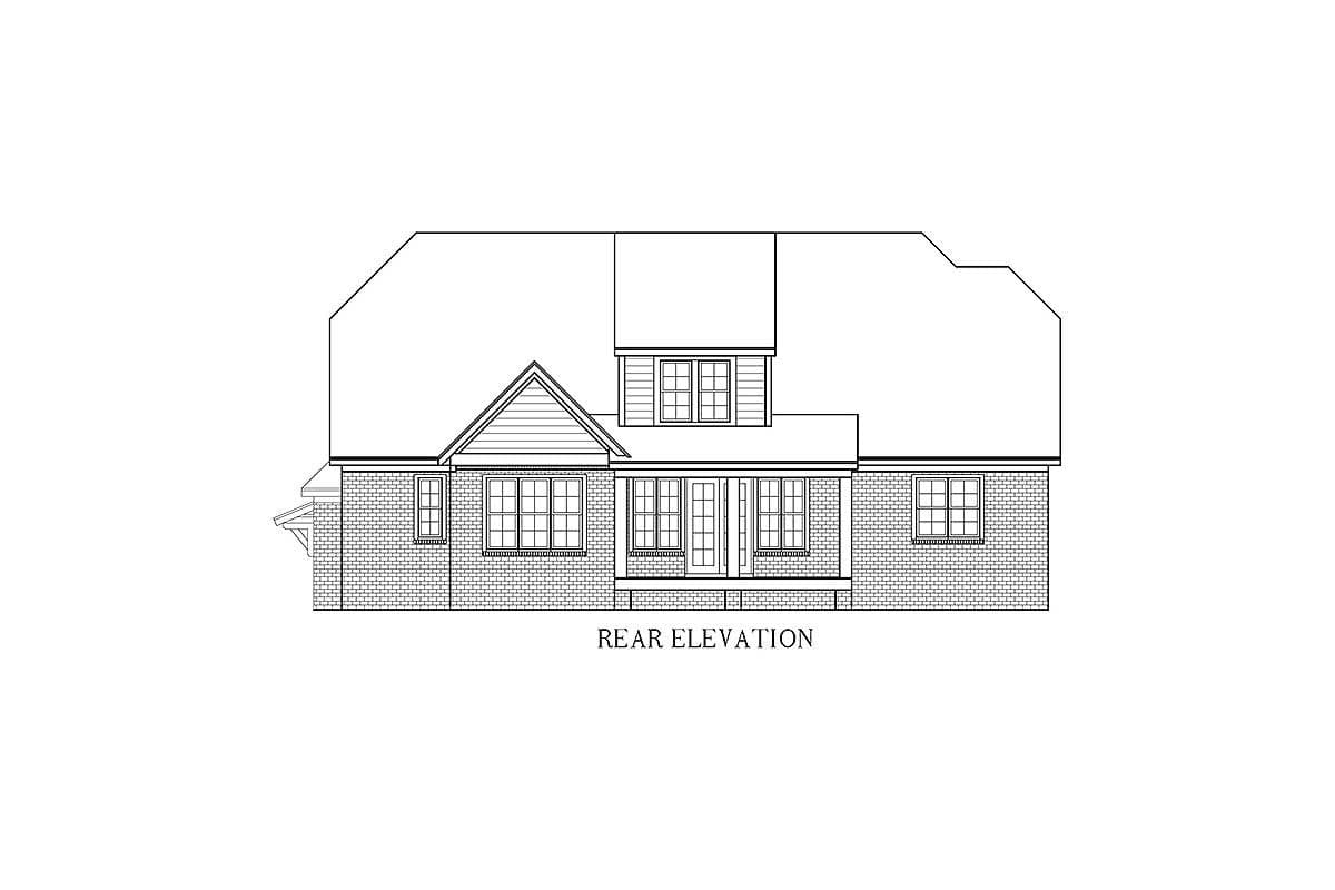 Rear elevation drawing of a house plan with a central dormer, multiple windows, and a pitched roof.