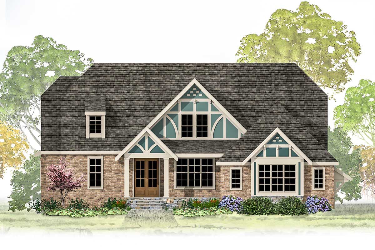 House plan exterior: Two-story home with brick facade, prominent gables with decorative trim, dormer window, and covered entry.
