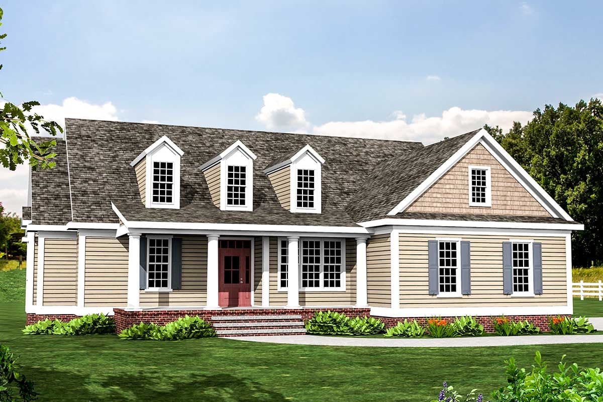 House plan exterior with two stories. Features include a front porch with columns, multiple dormers, and a gabled roofline.
