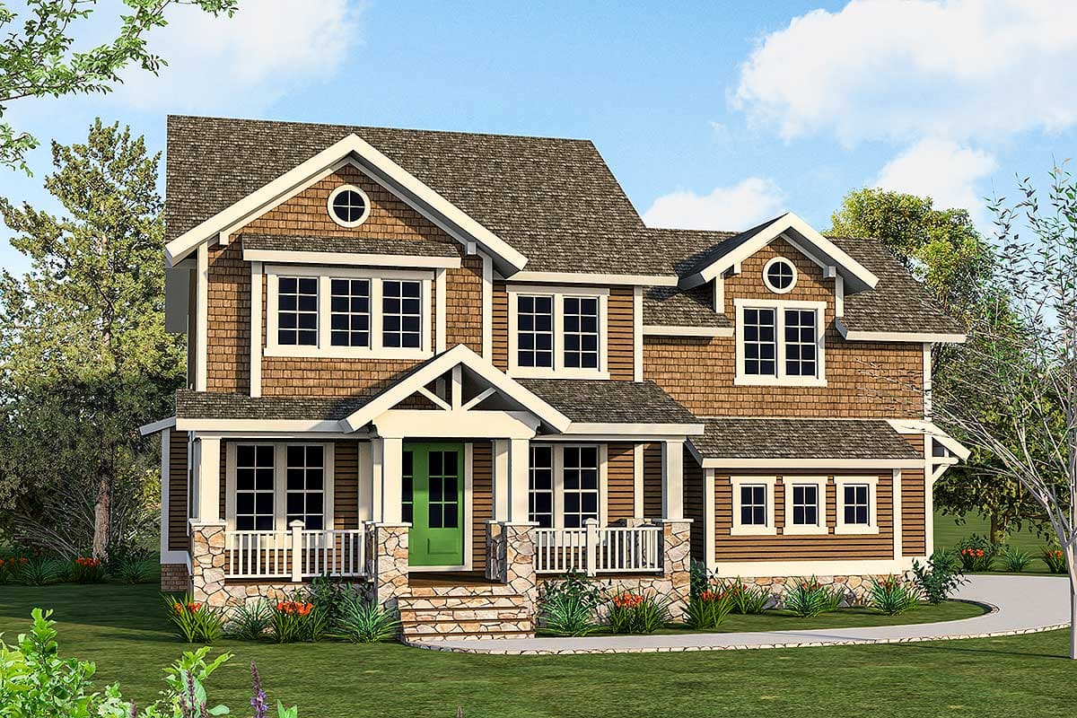 Craftsman-style house plan exterior. Two stories with gables, a covered porch, stone facade, and dormers. Features circular windows and shakes siding.