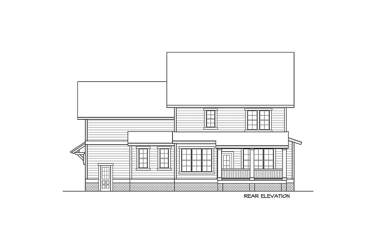 Rear elevation drawing of a two-story house plan with a covered porch, multiple windows, and a side door.