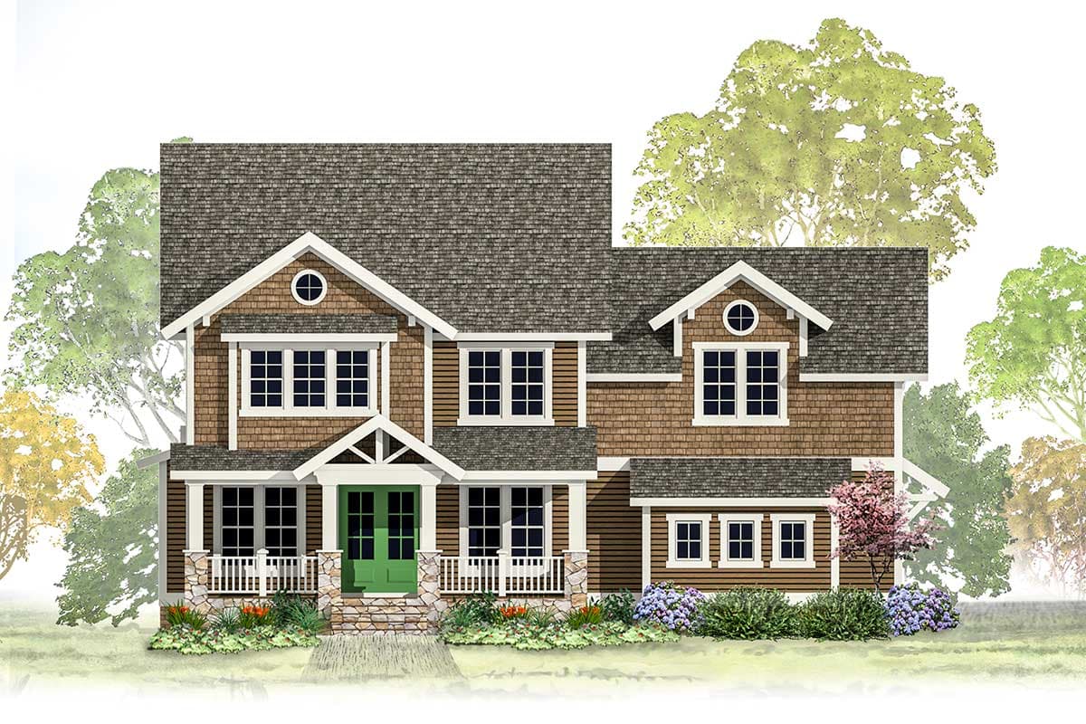 House plan exterior of a two-story home with shingle siding, gables, dormers, stone accents, and a covered front porch.