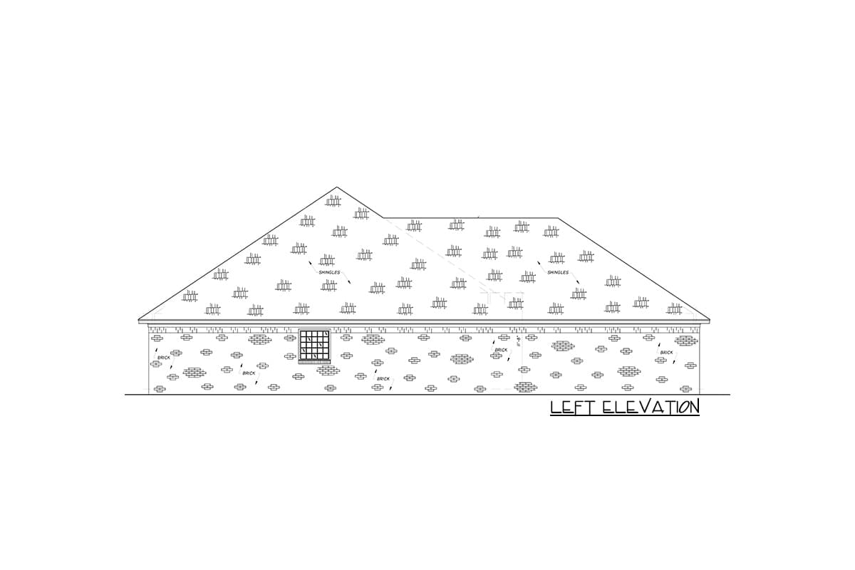 Floor plan drawing, left elevation showing brick exterior walls and shingled roof.