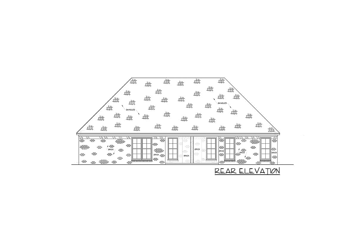 Rear elevation drawing of a single-story house with a hip roof, brick siding, and multiple windows.